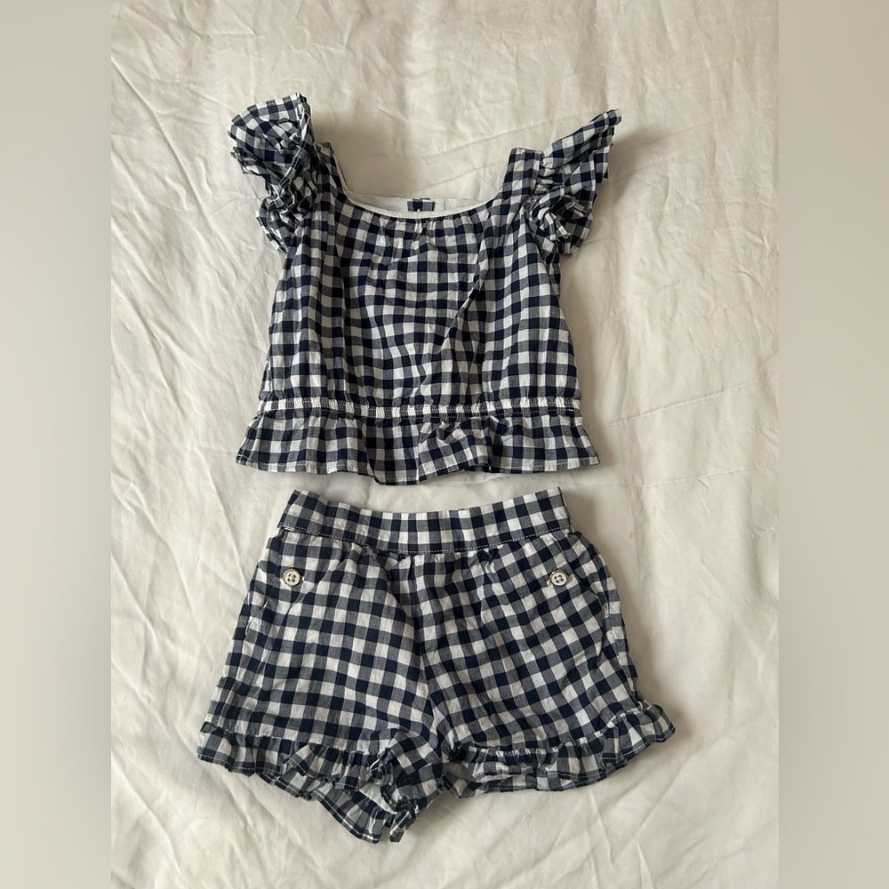 Janie and Jack Navy and White Gingham Ruffle Top and Shorts Set 2T - Worn Once!